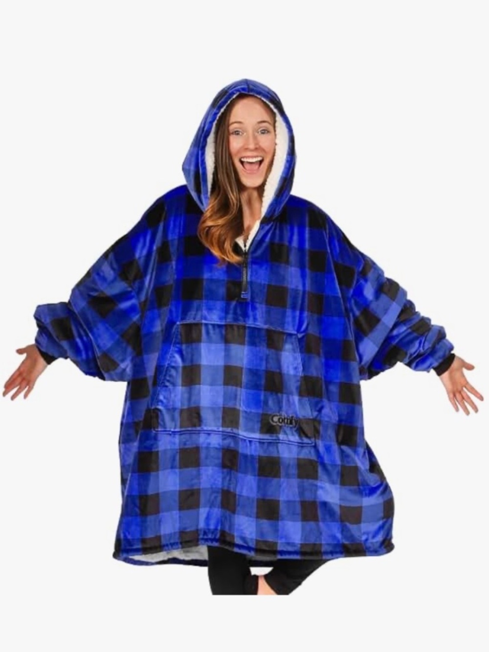 THE COMFY Original Quarter Zip Oversized Wearable Blanket in Blue Plaid - GUC